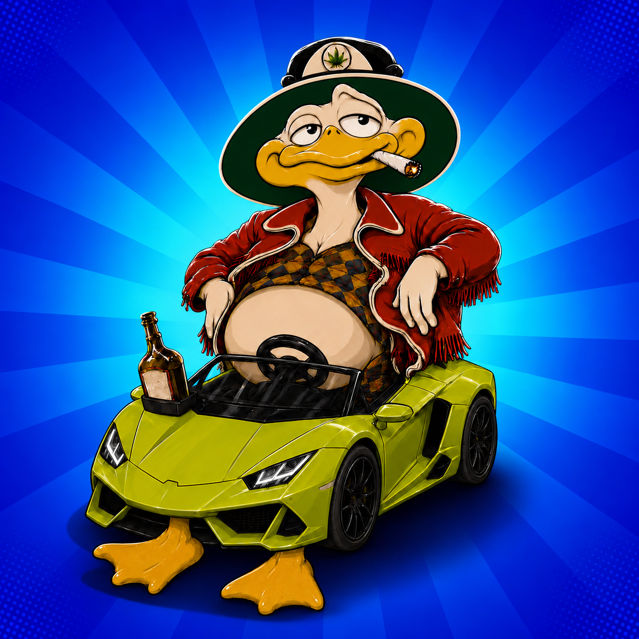 Fup driving a tiny green sports car